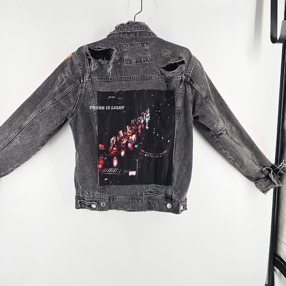 Zara Denim Jacket Mens Medium Black Excellent Distressed Graphic Stripe
